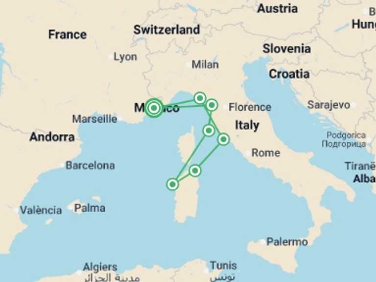 Map of 8-Day Mediterranean Tour with 7 destination visits for the trip: La Dolce Vita along the Italian coastline - Tuscany, Sardinia, Elba, and the Cinque Terre (port-to-port package)