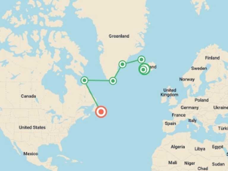 Map itinerary of St. John's Tour in September 2026 with 7 destination visits for the trip: Across the North Atlantic: Iceland, Greenland & Labrador