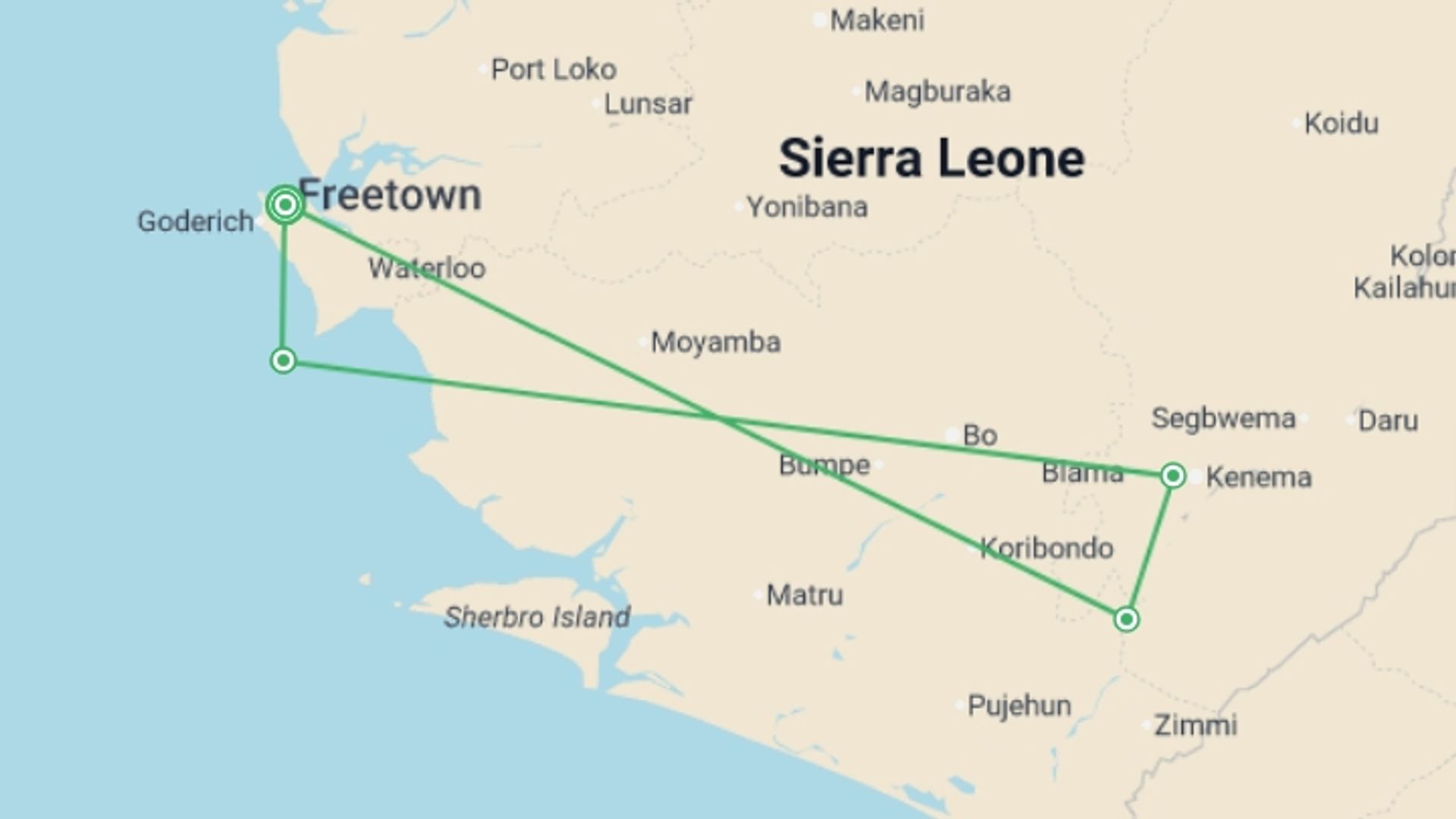 A map showing the tour itinerary for the trip: Sierra Leone Adventure: History, Culture & Nature, starting in Freetown, Sierra leone and ending in Freetown, Sierra leone going through 3 other destinations.