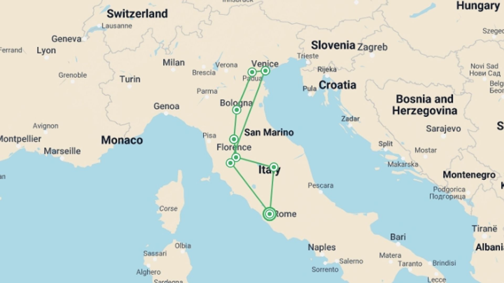 A map showing the tour itinerary for the trip: Veloce Italia, starting in Rome, Italy and ending in Rome, Italy going through 2 other destinations.