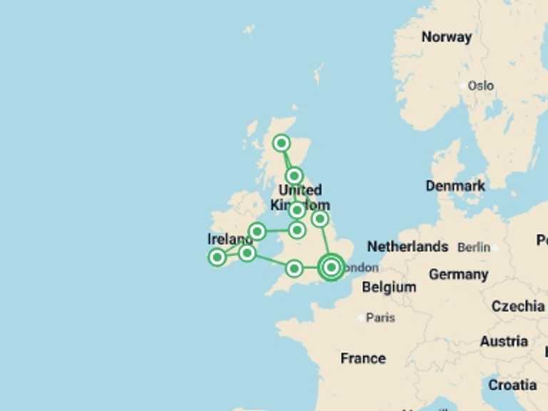 Map itinerary of Europe Tour in April 2027 with 10 destination visits for the trip: Britain and Ireland Explorer - Premium