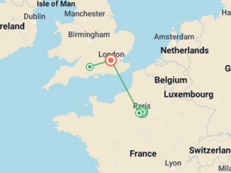 Map itinerary of London Tour in September 2025 with 4 destination visits for the trip: A Week Exploring Paris and London