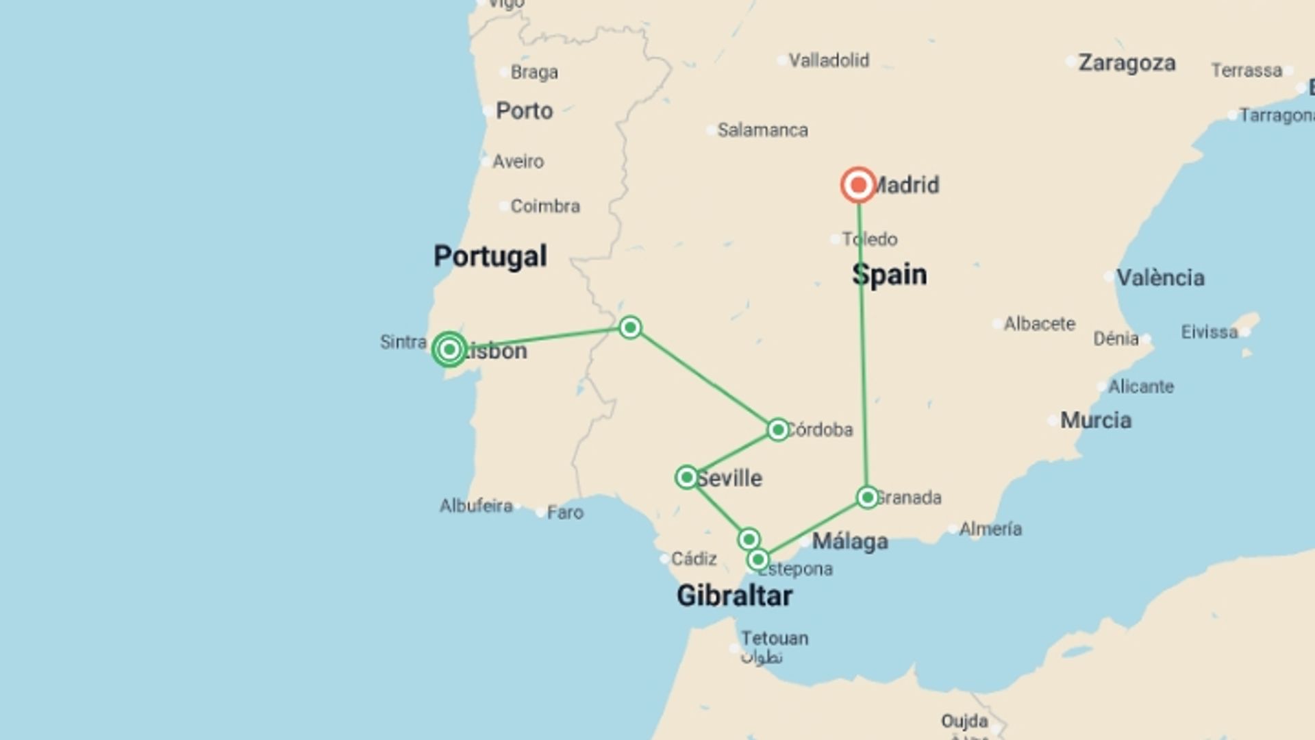 A map showing the tour itinerary for the trip: Best of Portugal & Andalucia (Superior) - 10 days , starting in Lisbon, Portugal and ending in Madrid, Spain going through 4 other destinations.