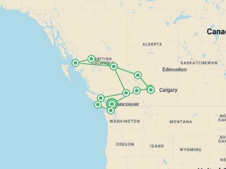 Map itinerary of Canada Tour in October 2025 with 13 destination visits for the trip: The Grand Canadian West Self Drive