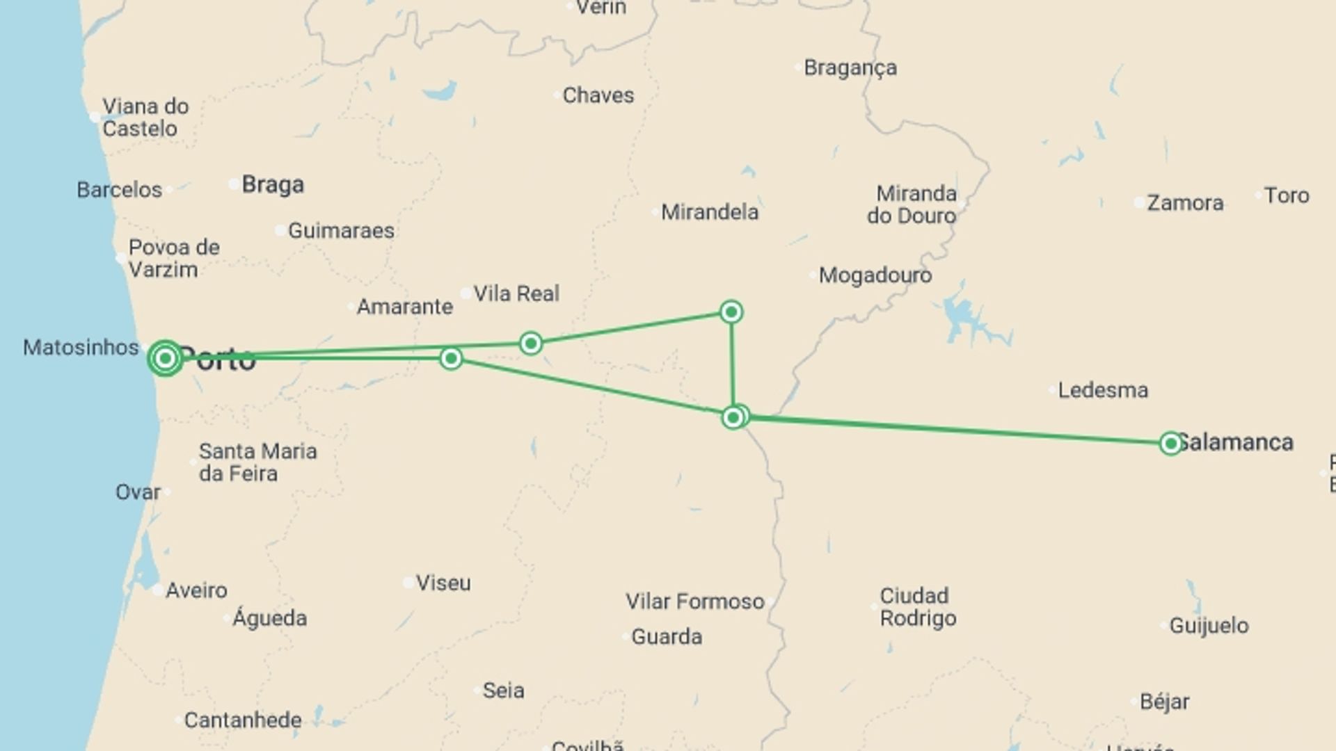 A map showing the tour itinerary for the trip: From Portugal to Spain: Porto, the Douro Valley (Portugal) and Salamanca (Spain) (port-to-port cruise), starting in Porto, Portugal and ending in Porto, Portugal going through 4 other destinations.