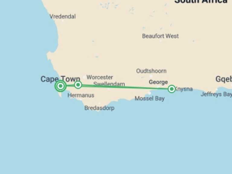 Map itinerary of Cape Town Tour in Winter with 3 destination visits for the trip: Premium Cape Town and the Garden Route