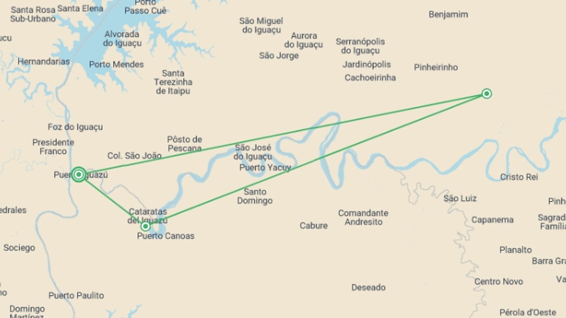 A map showing the tour itinerary for the trip: 5-Day Puerto Iguazu Adventure Tour, starting in Misiones, Argentina and ending in Misiones, Argentina going through 3 other destinations.