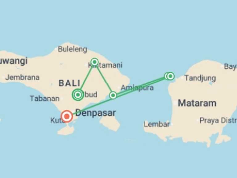 Map itinerary of Asia Tour in Fall with 6 destination visits for the trip: Essential Bali & Gili Islands