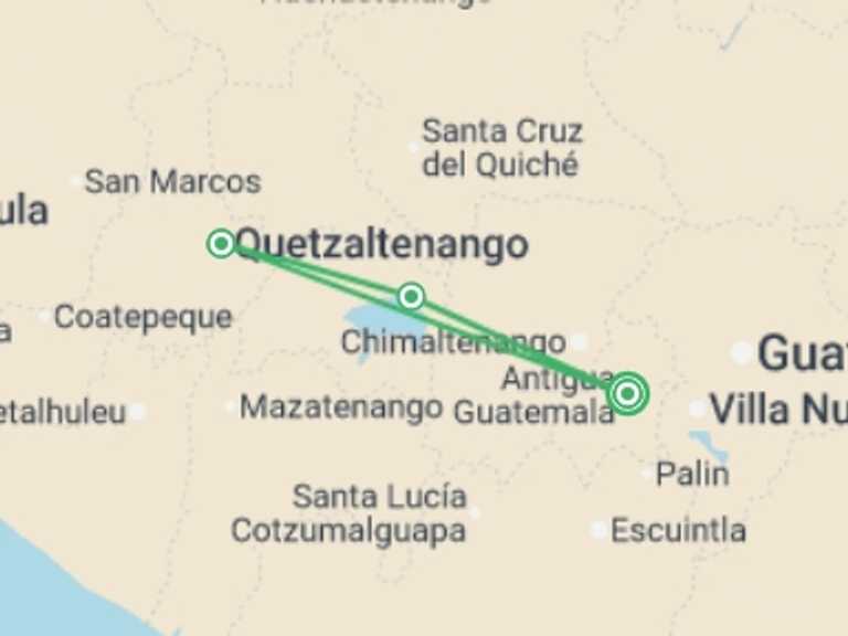 Map itinerary of Antigua Tour in April 2026 with 3 destination visits for the trip: Heart of Guatemala