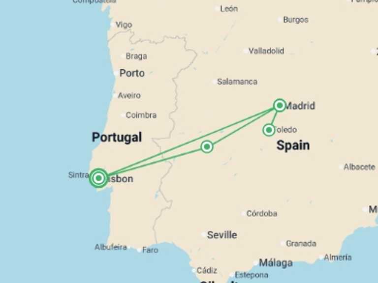 Map of a Explorer Tour with 2 destination visits for the trip: Lisbon to Caceres, Madrid & Toledo - 5 days