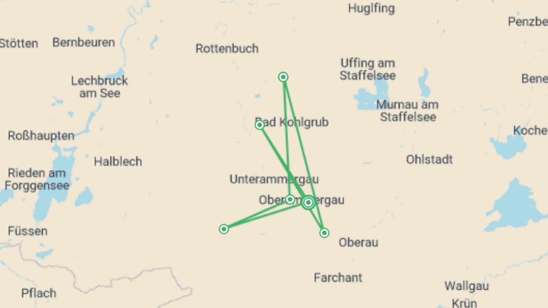 A map showing the tour itinerary for the trip: Walking in Southern Bavaria, starting in Oberammergau, Germany and ending in Oberammergau, Germany going through 5 other destinations.