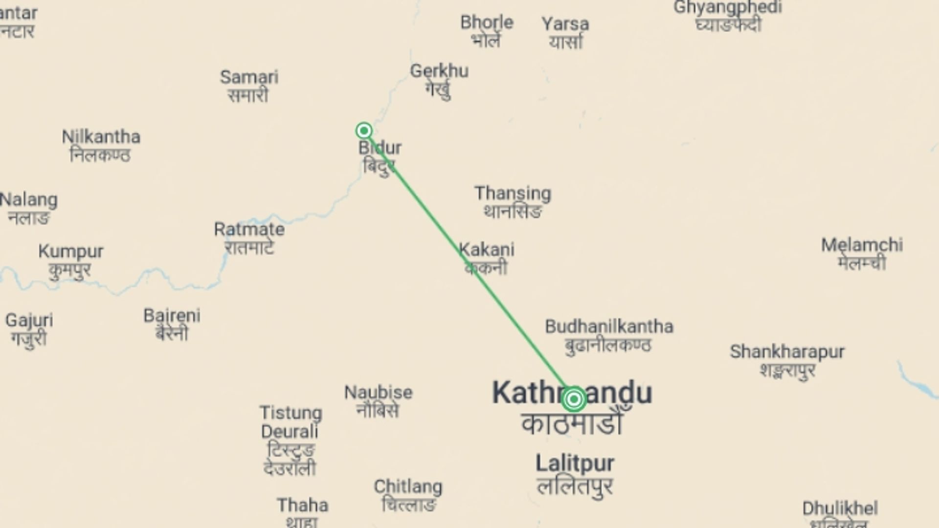 A map showing the tour itinerary for the trip: Rock & Raft Nepal, starting in Kathmandu, Nepal and ending in Kathmandu, Nepal going through 2 other destinations.