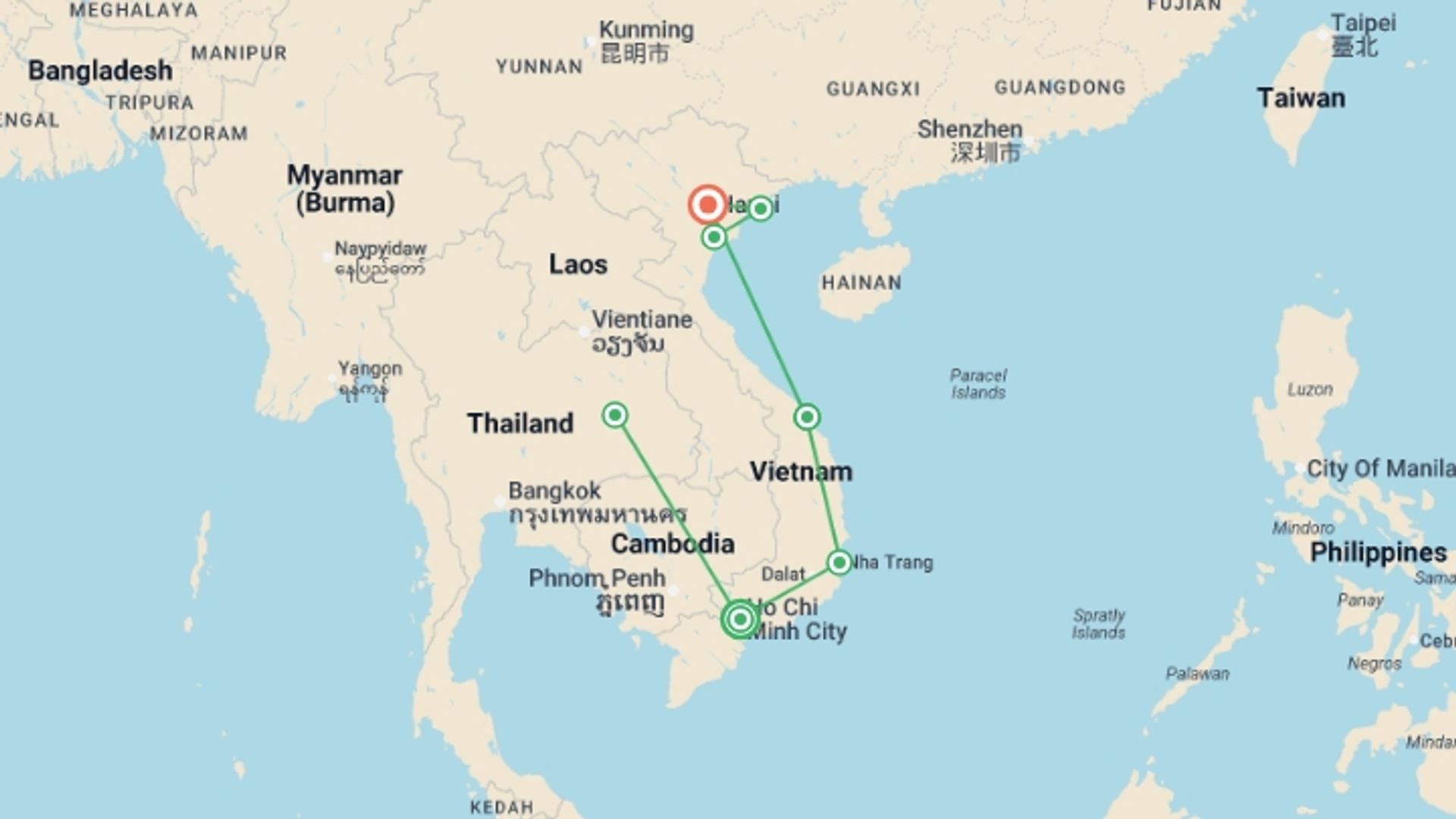 A map showing the tour itinerary for the trip: Vietnam Experience, starting in Ho Chi Minh City, Vietnam and ending in Hanoi, Vietnam going through 5 other destinations.