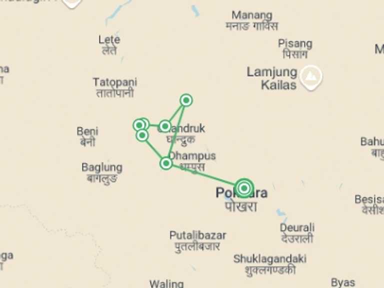 Map itinerary of Poonhill trek Tour in July 2027 with 5 destination visits for the trip: Poonhill Short Trek