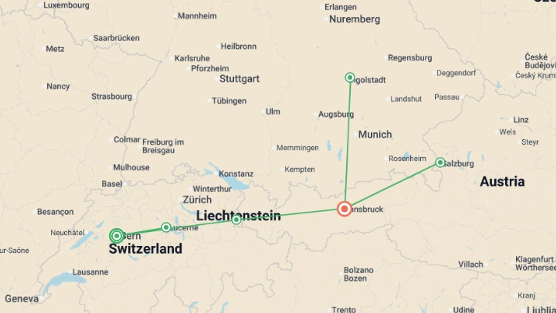 A map showing the tour itinerary for the trip: Discover Switzerland, Austria & Bavaria , starting in Bern, Switzerland and ending in Innsbruck, Austria going through 2 other destinations.