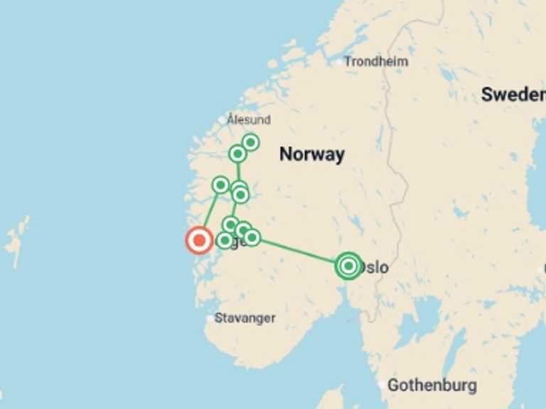 Map of Scandinavia Tour with 6 destination visits for the trip: Norway: Fjords and Glaciers