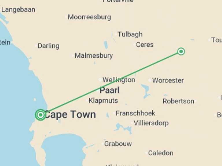 Map itinerary of Africa Tour in December 2026 with 2 destination visits for the trip: Cape Town & Winelands
