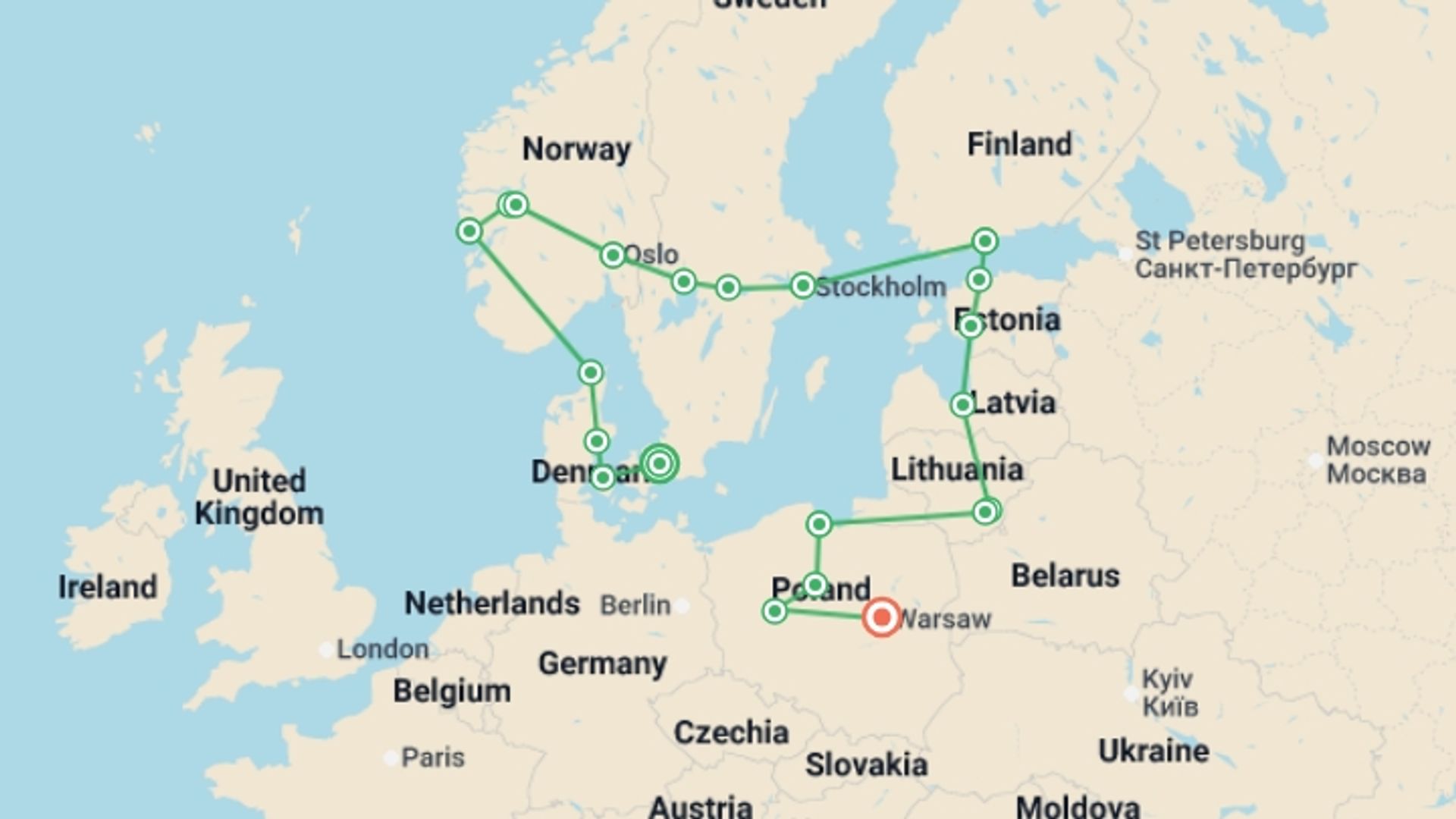 A map showing the tour itinerary for the trip: Best of Scandinavia & the Baltics, starting in Copenhagen, Denmark and ending in Warsaw, Poland going through 10 other destinations.