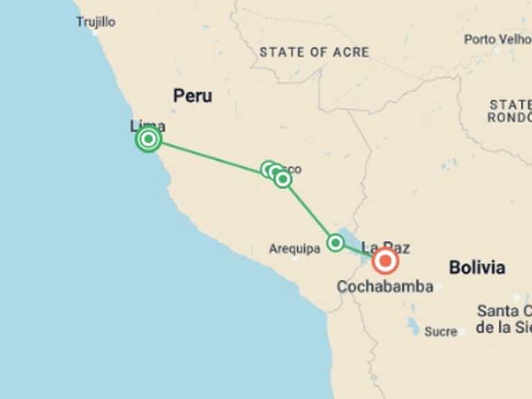 Map itinerary of Lima Tour in September 2025 with 6 destination visits for the trip: South America Adventure: Lima to La Paz