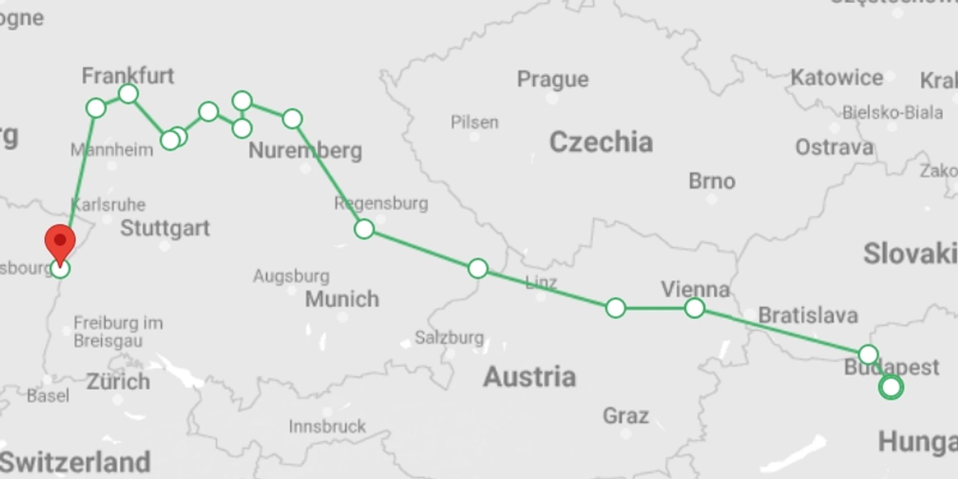 A map showing the tour itinerary for the trip: Trans-European cruise from Budapest to Strasbourg (port-to-port cruise), starting in Budapest, Hungary and ending in Strasbourg, France going through 5 other destinations.
