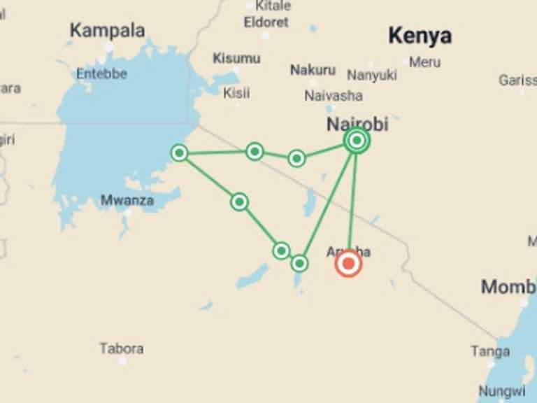 Map of 10-Day Nairobi Tour with 8 destination visits for the trip: Essential East Africa