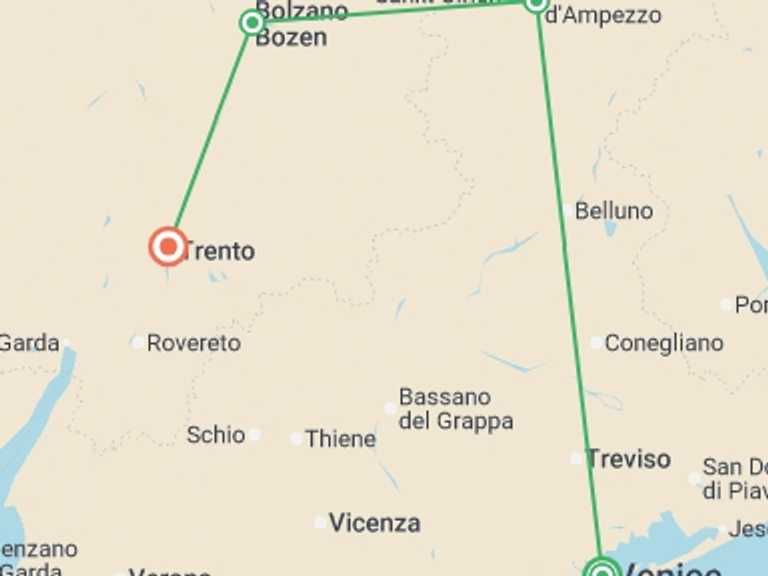 Map of 7-Day Venice Tour with 4 destination visits for the trip: Dolomites Explorer From Venice - 7 days