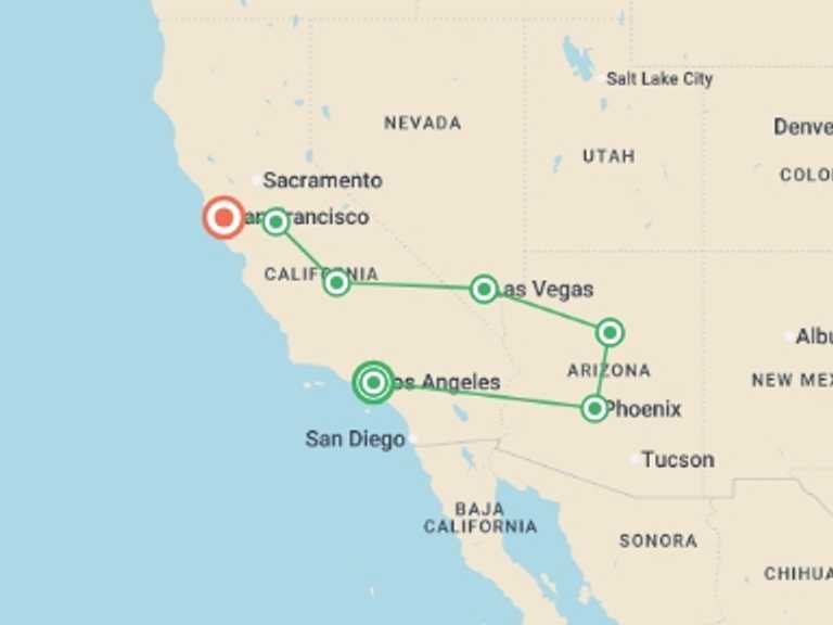 Map itinerary of USA Tour in Summer with 7 destination visits for the trip: Best of the West