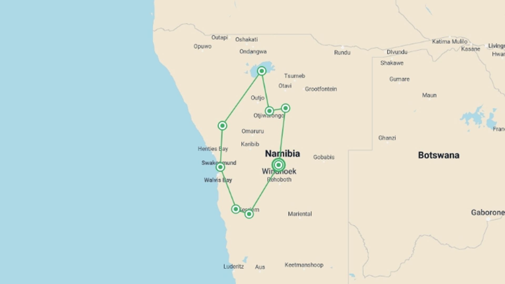 A map showing the tour itinerary for the trip: Namibian Family Adventurer, starting in Windhoek, Namibia and ending in Windhoek, Namibia going through 7 other destinations.