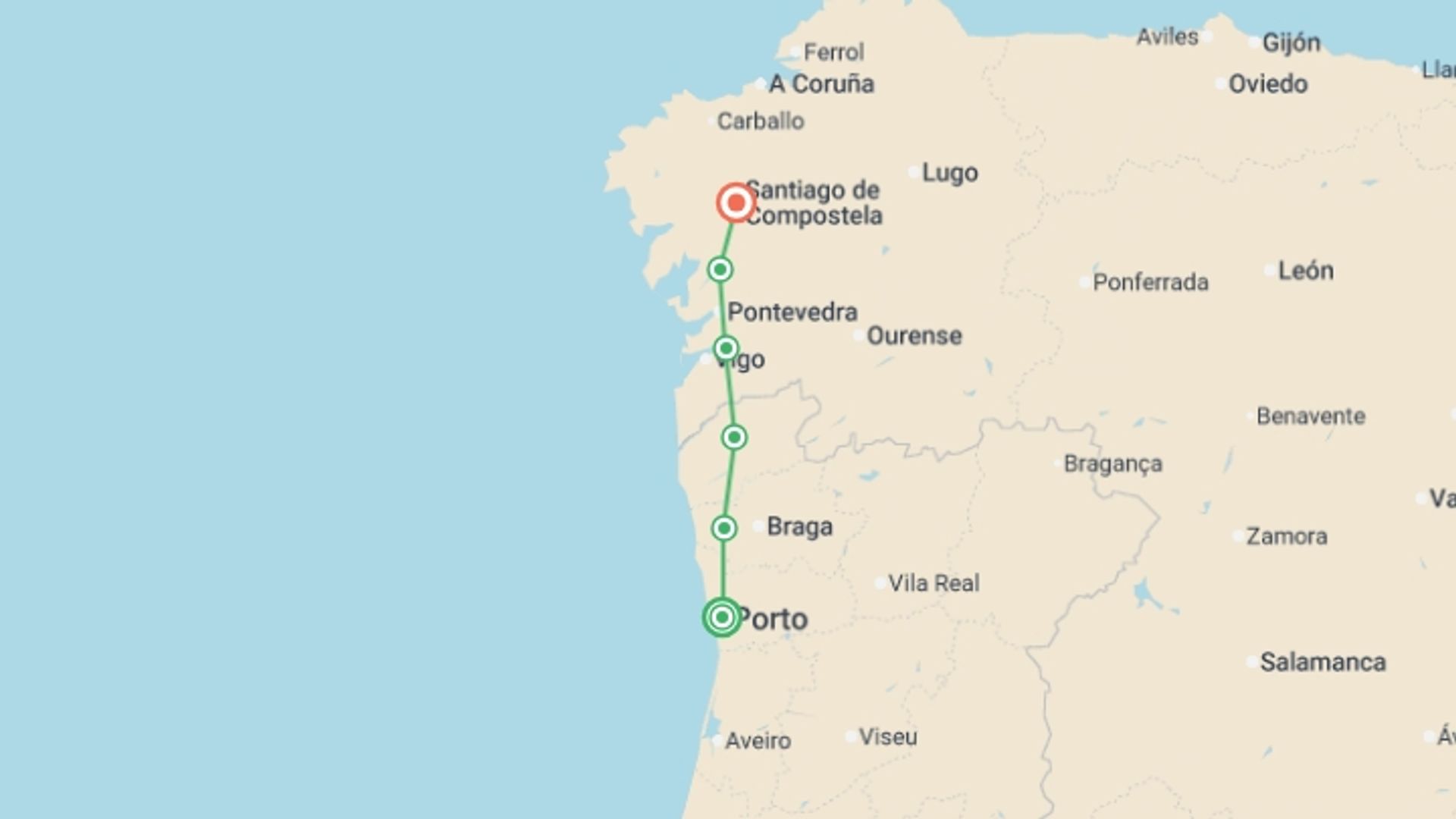A map showing the tour itinerary for the trip: Camino de Santiago Biking Adventure 7D/6N (from Porto), starting in Porto, Portugal and ending in Santiago De Compostela, Spain going through 4 other destinations.
