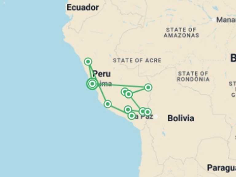 Map of South America Tour with 10 destination visits for the trip: Peru Encompassed