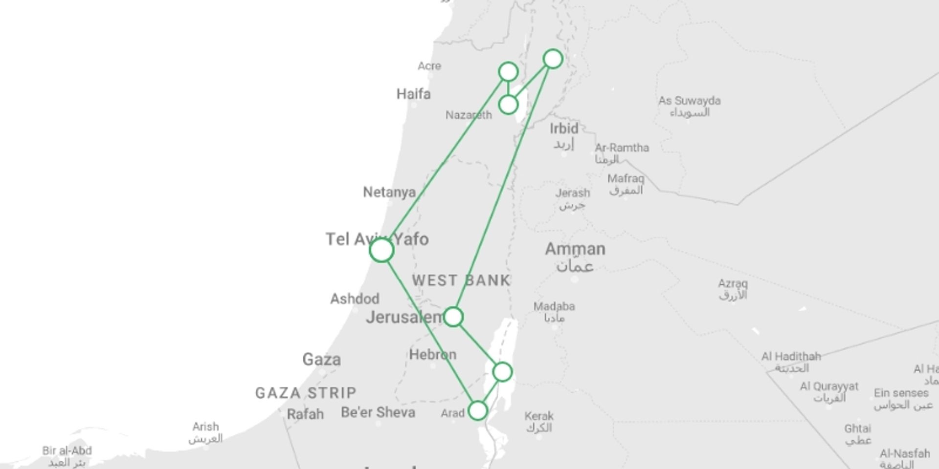 A map showing the tour itinerary for the trip: Highlights of Israel (5 Star) - 8 days, starting in Tel Aviv, Israel and ending in Tel Aviv, Israel going through 3 other destinations.