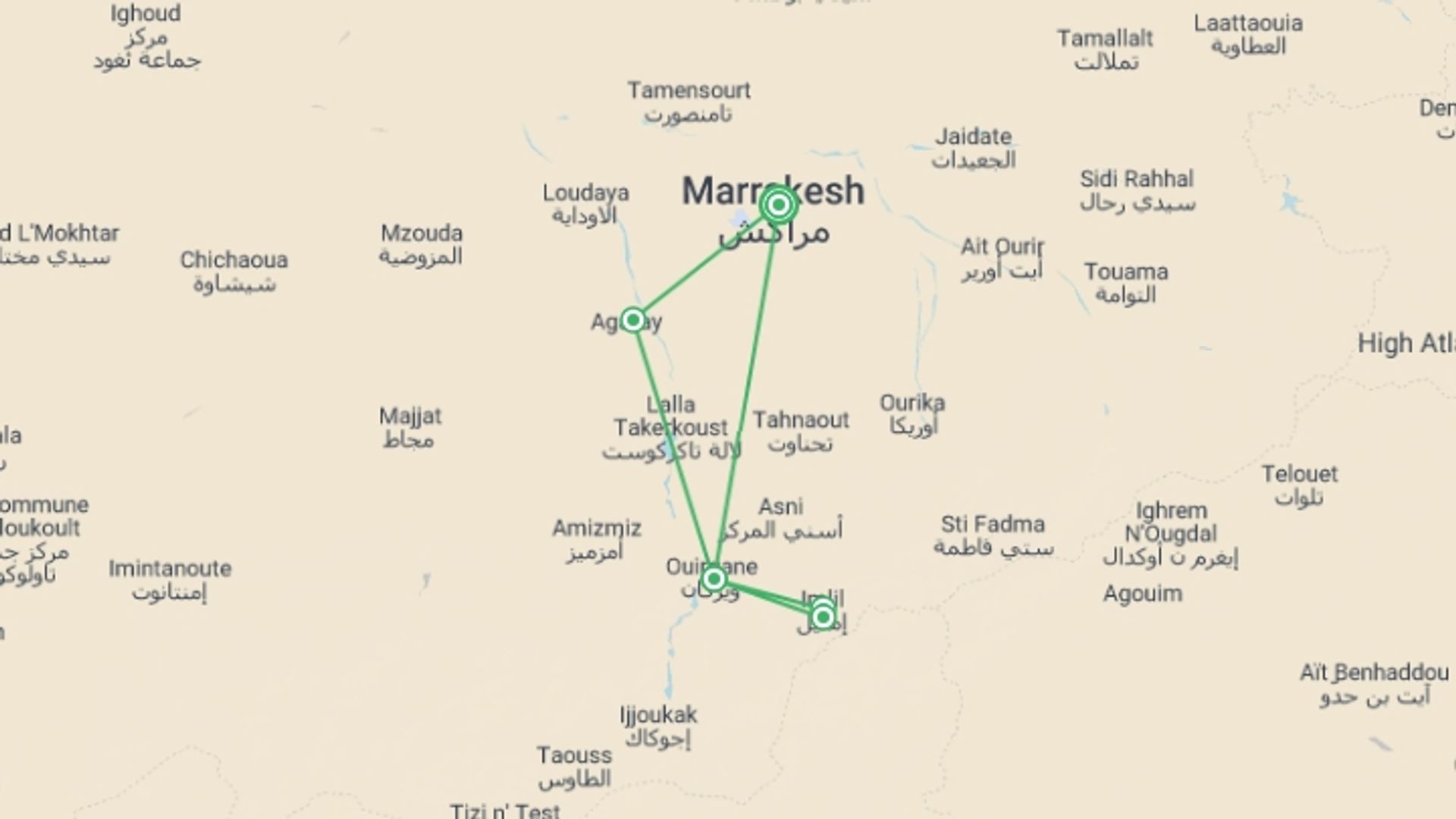 A map showing the tour itinerary for the trip: Marrakech & Mountains Week - 7 days, starting in Marrakech, Morocco and ending in Marrakech, Morocco going through 2 other destinations.