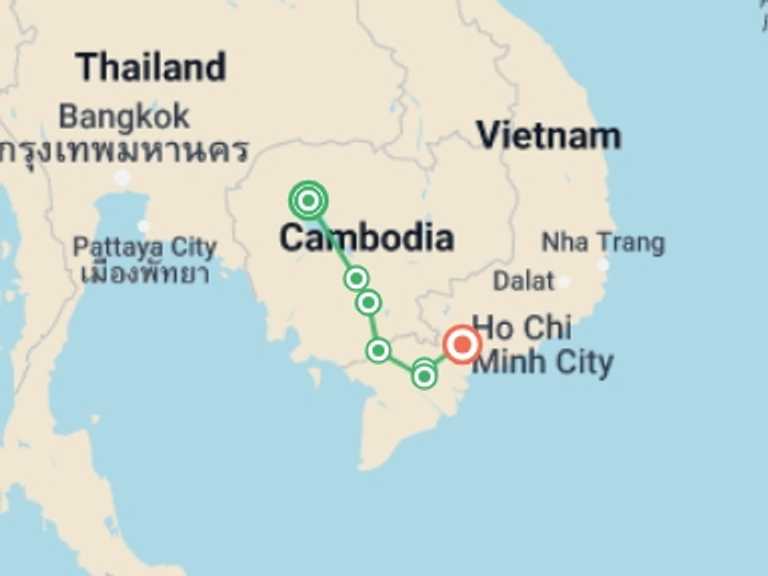 Map of 12-Day Ho Chi Minh City Tour with 6 destination visits for the trip: From the Angkor Temples to the Mekong Delta (port-to-port cruise)