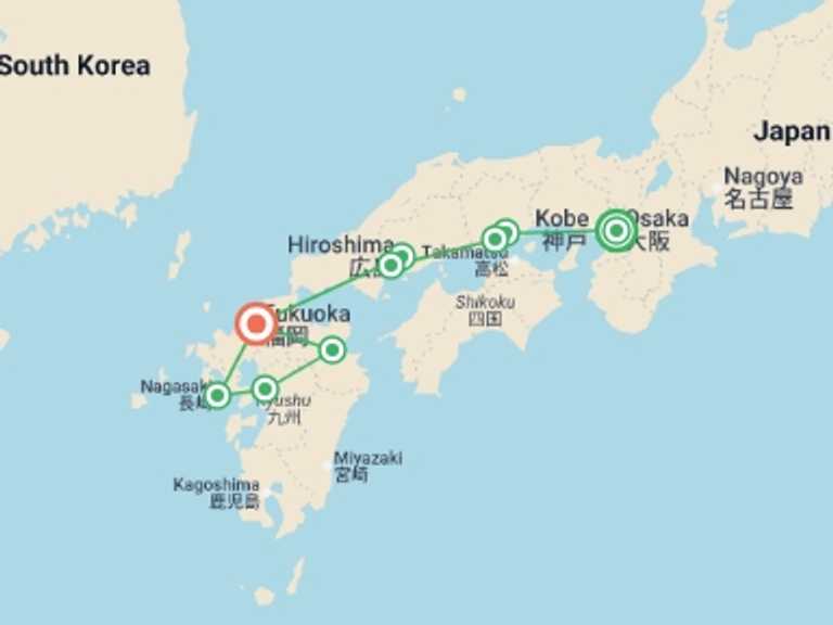 Map of Asia Tour with 7 destination visits for the trip: Southern Japan with Hiroshima and Nagasaki