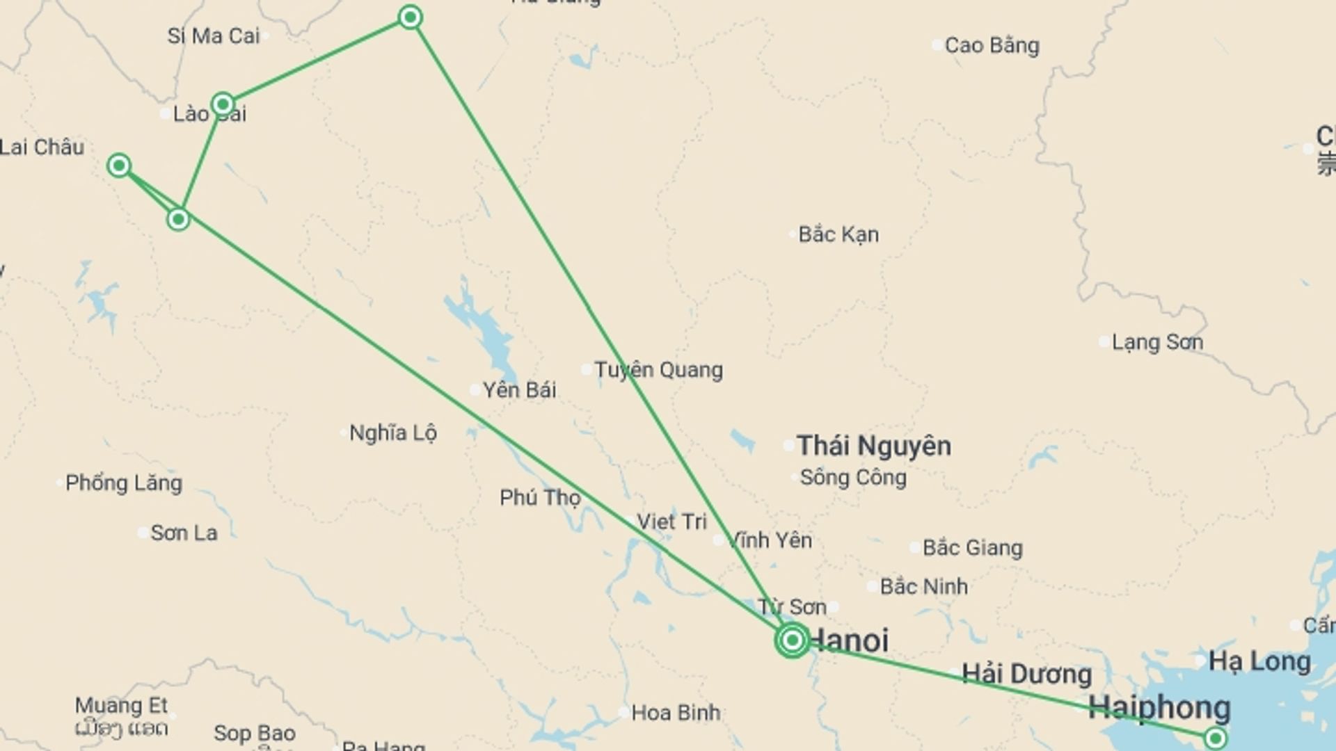 A map showing the tour itinerary for the trip: Hiking in Northern Vietnam, starting in Hanoi, Vietnam and ending in Hanoi, Vietnam going through 5 other destinations.
