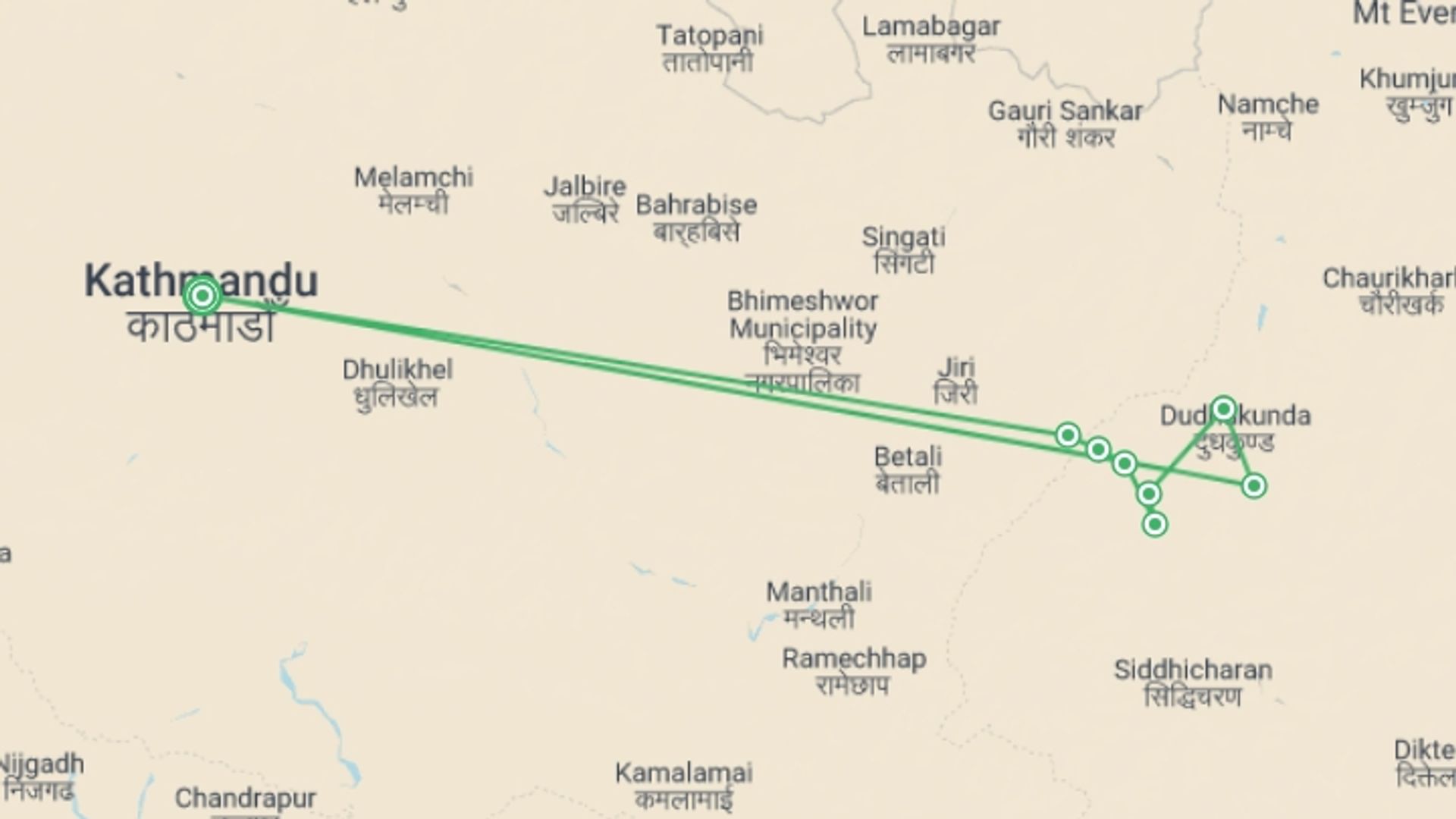 A map showing the tour itinerary for the trip: Pikey Peak Trek, starting in Kathmandu, Nepal and ending in Kathmandu, Nepal going through 8 other destinations.