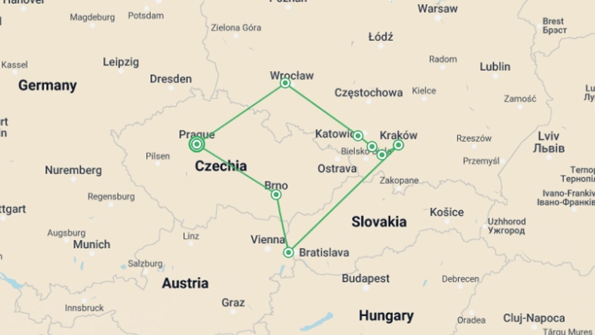 A map showing the tour itinerary for the trip: Prague, Moravia, and Heart of Poland, starting in Prague, Czech Republic and ending in Prague, Czech Republic going through 3 other destinations.