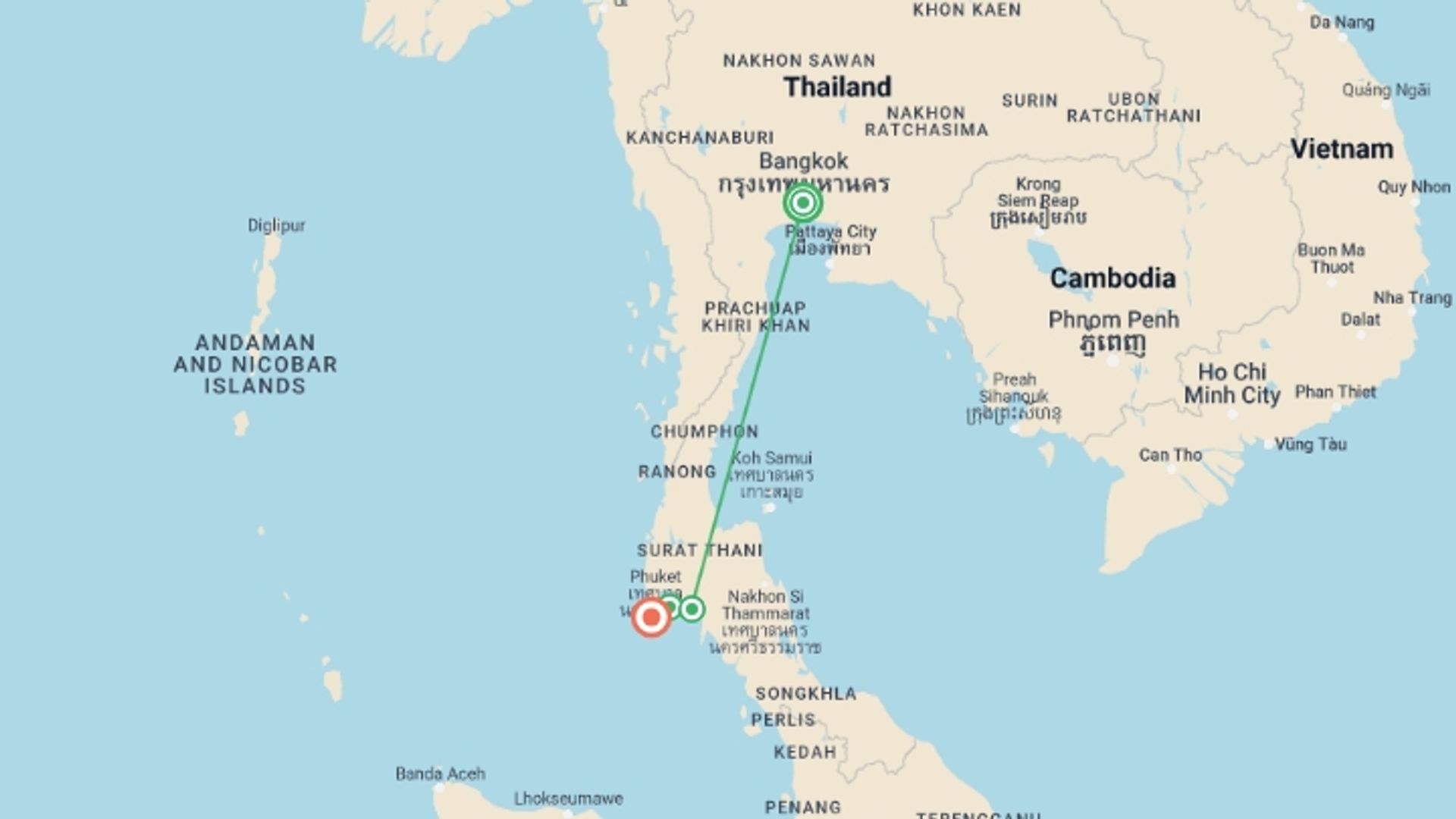 A map showing the tour itinerary for the trip: Thailand Beaches: Bangkok to Phuket, starting in Bangkok, Thailand and ending in Phuket, Thailand going through 2 other destinations.