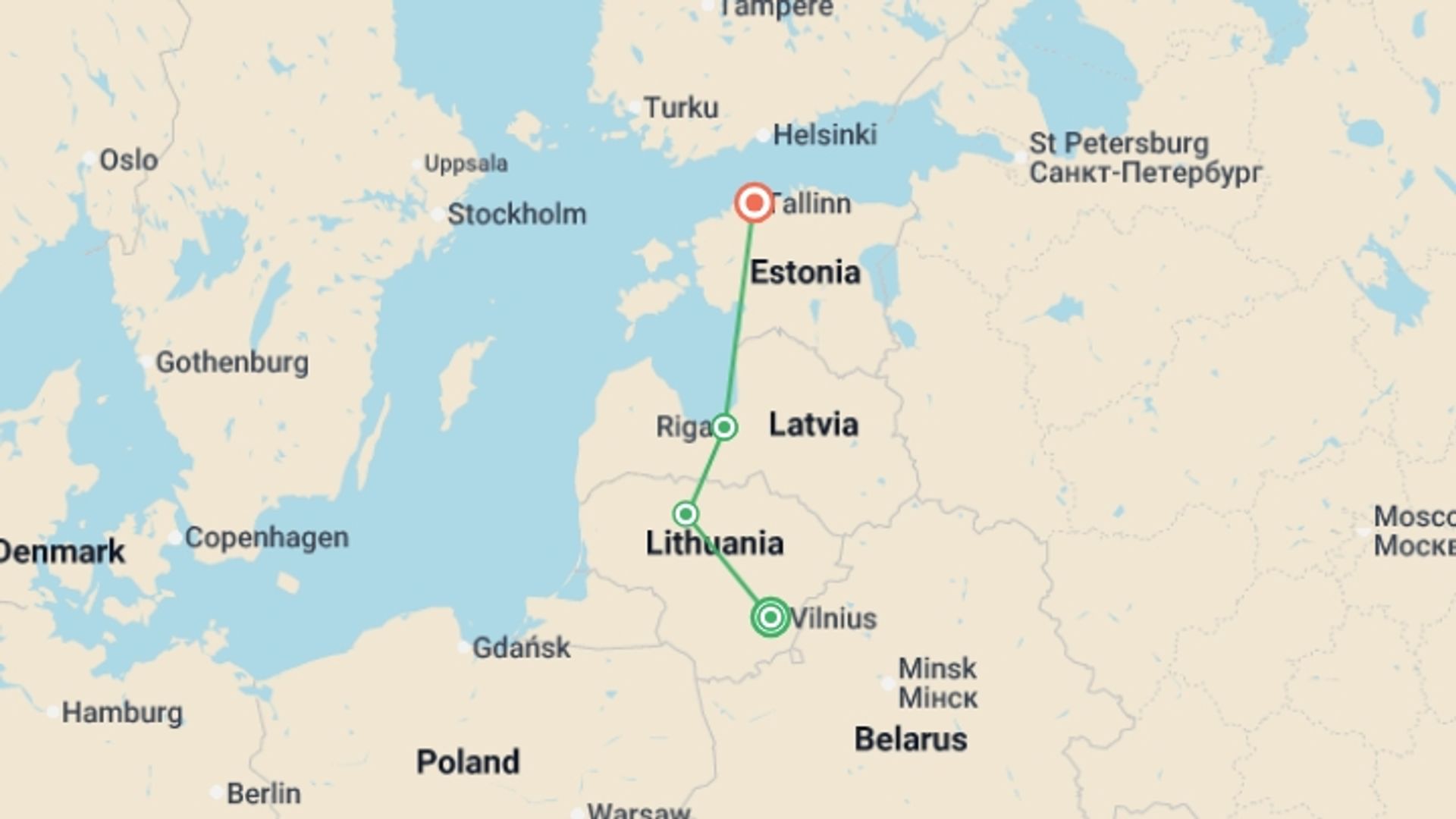 A map showing the tour itinerary for the trip: New Year Highlights of the Baltics - 8 days, starting in Vilnius, Lithuania and ending in Tallinn, Estonia going through 1 other destinations.