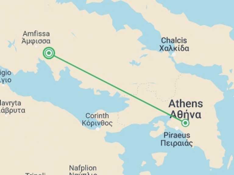 Map itinerary of Athens Tour in September 2026 with 2 destination visits for the trip: 2 Days Delphi Tour