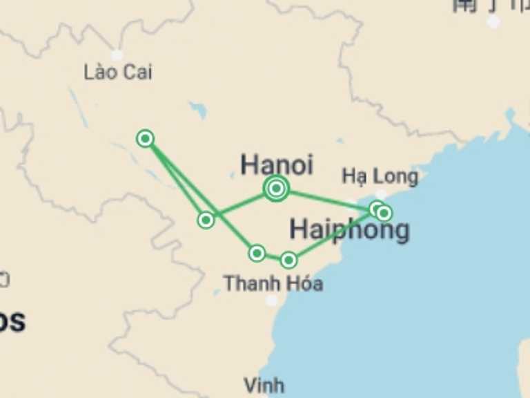 Map of Hanoi Art and architecture Tour with 6 destination visits for the trip: Vietnam Northern Loop 7 Days 6 Nights