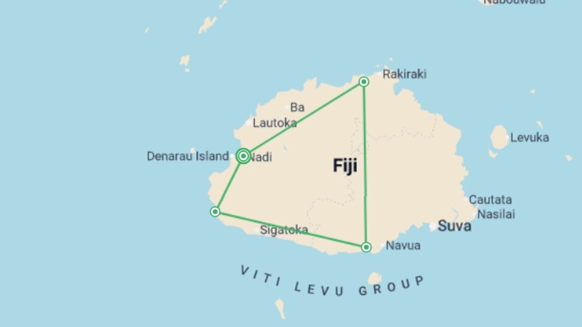 A map showing the tour itinerary for the trip: Fiji Viti Levu Island Experience 6D/5N, starting in Nadi, Fiji and ending in Nadi, Fiji going through 3 other destinations.