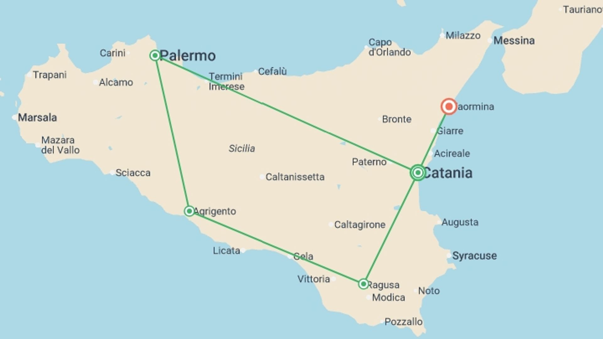 A map showing the tour itinerary for the trip: Highlights of Sicily From Catania - 10 days, starting in Catania, Italy and ending in Taormina, Italy going through 3 other destinations.
