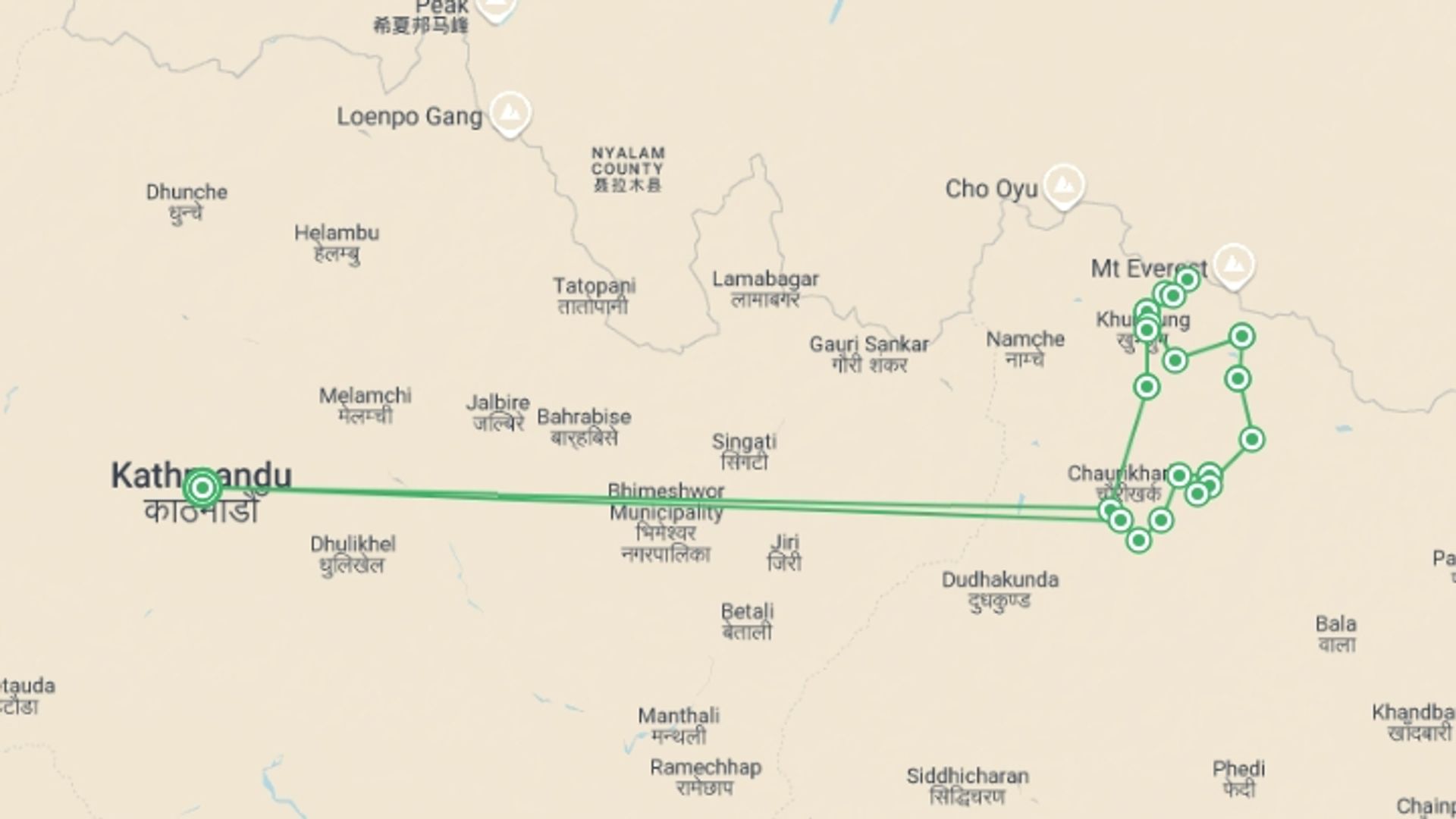 A map showing the tour itinerary for the trip: Mera Island & Lobuche: Three Peak Climbing , starting in Kathmandu, Nepal and ending in Kathmandu, Nepal going through 21 other destinations.