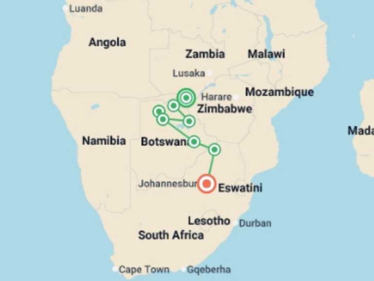 Map itinerary of Chobe National Park Tour in September 2027 with 8 destination visits for the trip: Botswana Family Safari with Teenagers