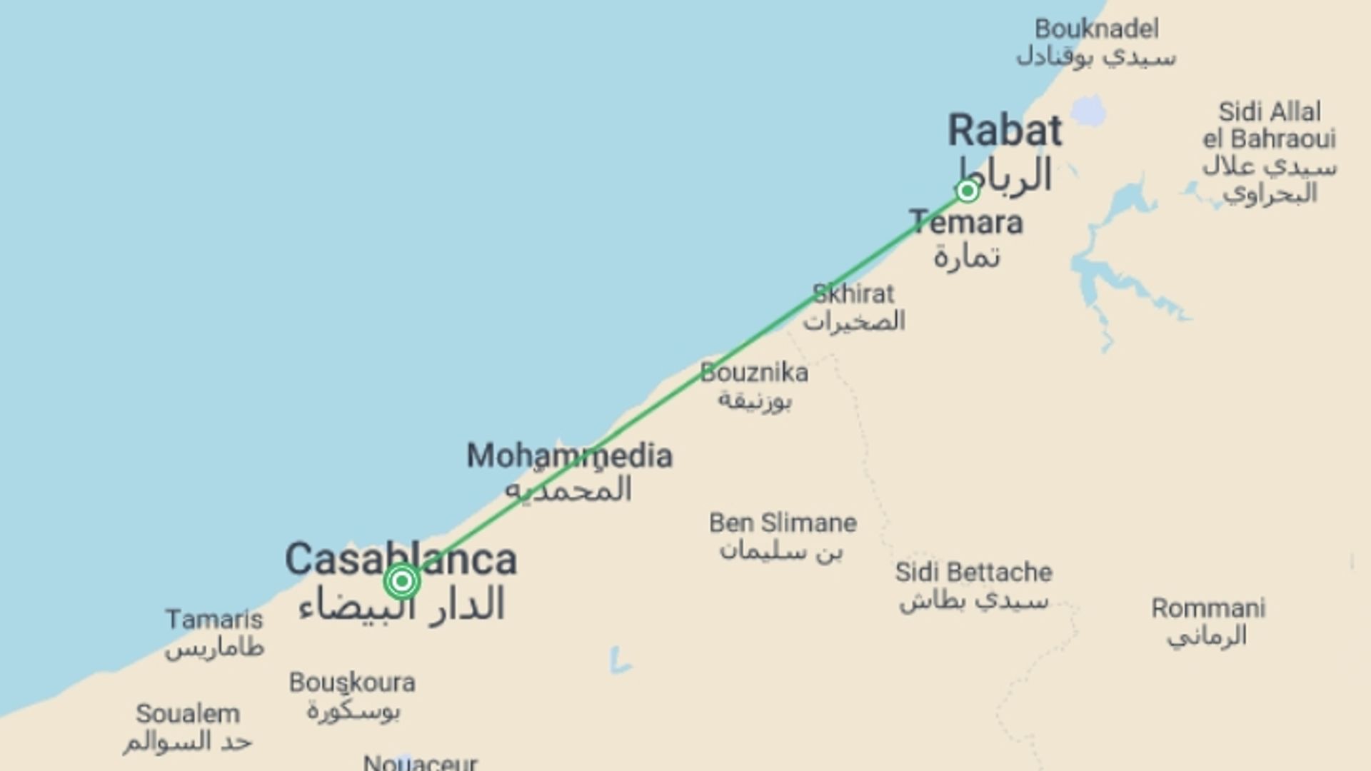 A map showing the tour itinerary for the trip: Casablanca & Rabat (5 Star) - 4 days, starting in Casablanca, Morocco and ending in Casablanca, Morocco going through 1 other destinations.