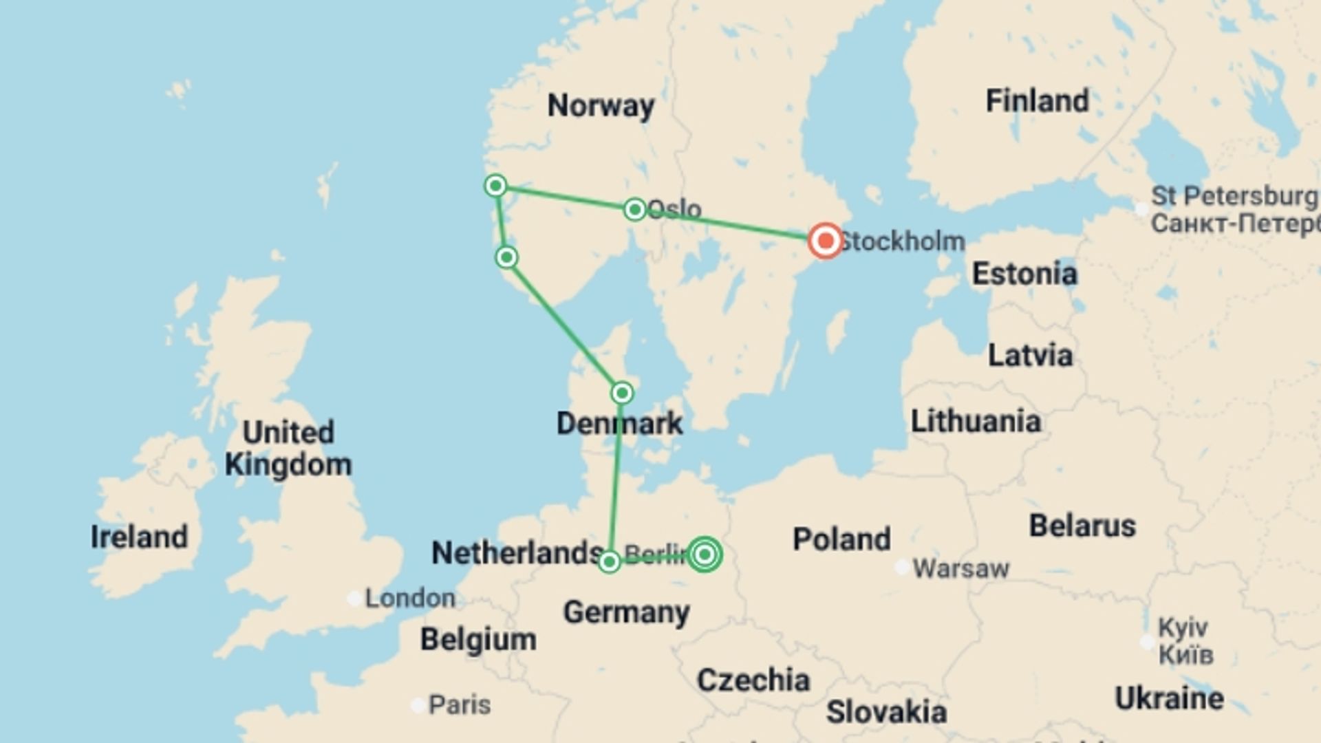A map showing the tour itinerary for the trip: Northern Germany and Scandinavia, Ending in Stockholm, starting in Berlin, Germany and ending in Stockholm, Sweden going through 5 other destinations.