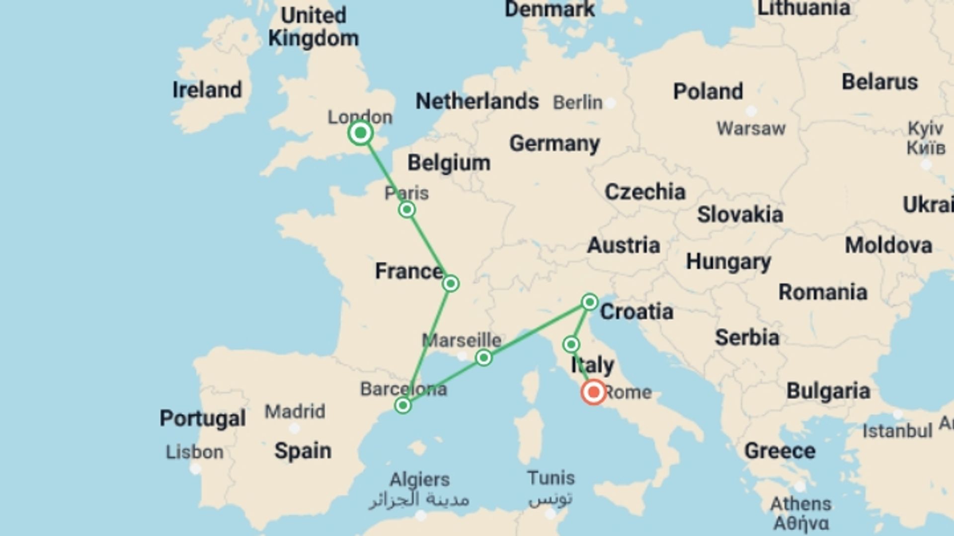 A map showing the tour itinerary for the trip: London to Rome, starting in London, England and ending in Rome, Italy going through 6 other destinations.