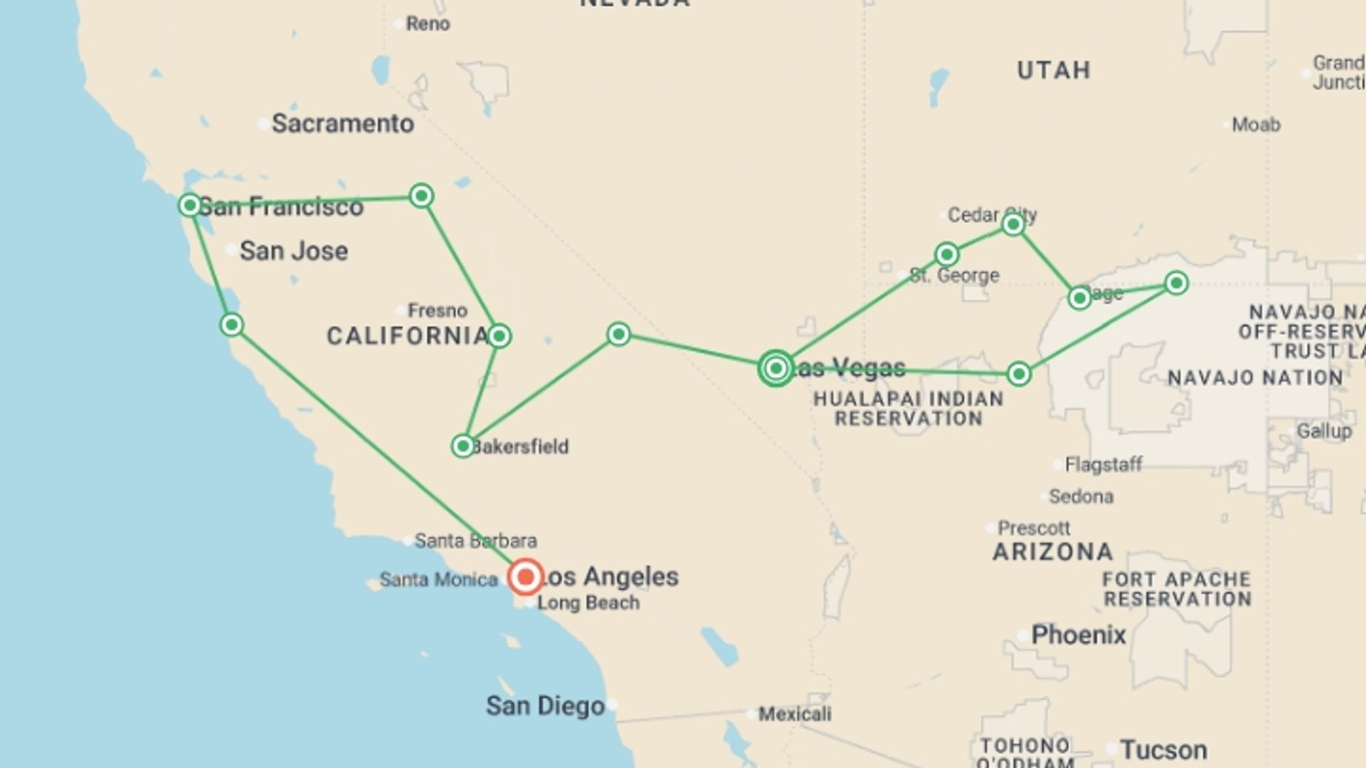 A map showing the tour itinerary for the trip: Vegas & California - National Parks & Highway 1 Adventure, starting in Las Vegas, USA and ending in Los Angeles, USA going through 9 other destinations.
