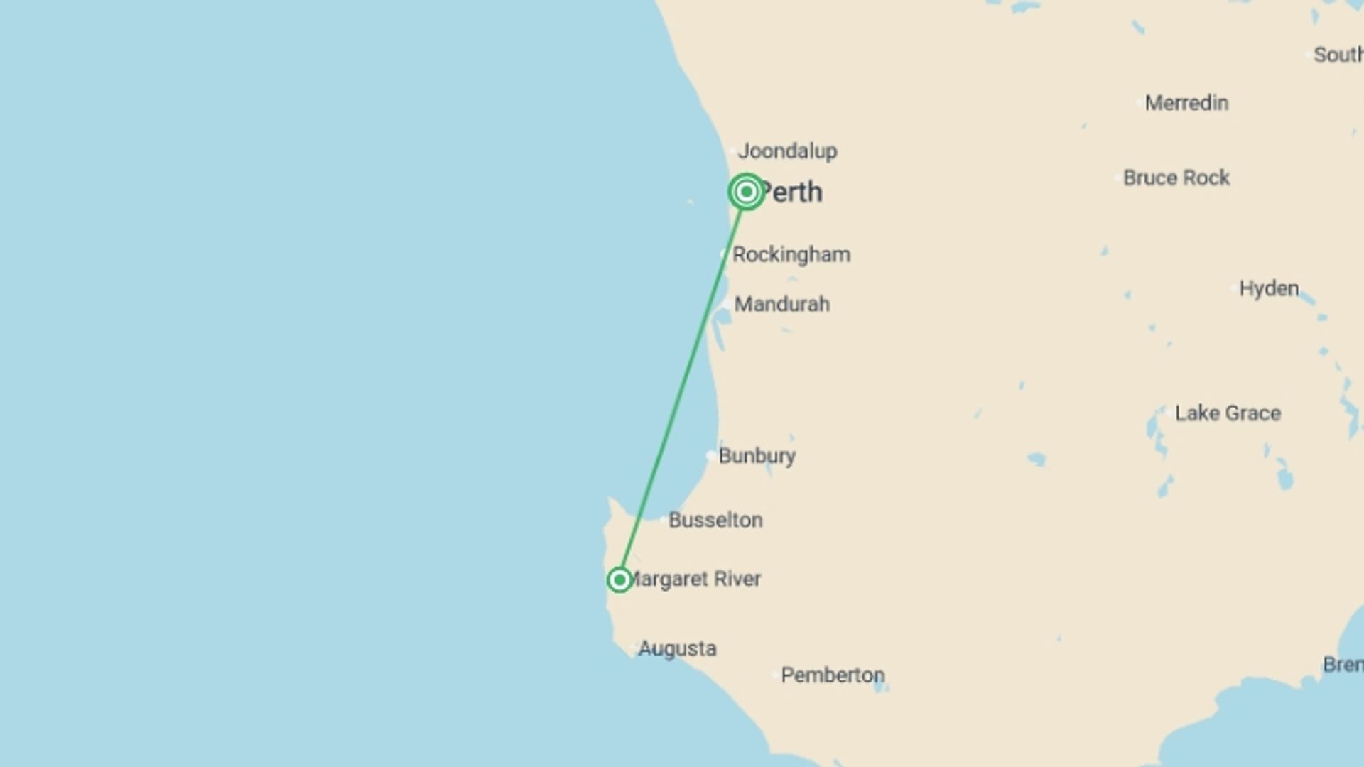 A map showing the tour itinerary for the trip: Hike Western Australia's Cape to Cape Track, starting in Perth, Australia and ending in Perth, Australia going through 1 other destinations.